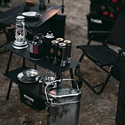 camp table with shelf